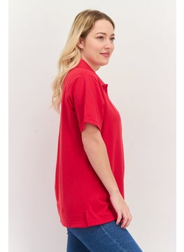 Featherlite Women Spread Collar Short Sleeves Plain Polo Shirt, Red  - Image 3