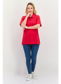 Featherlite Women Spread Collar Short Sleeves Plain Polo Shirt, Red  - Image 4