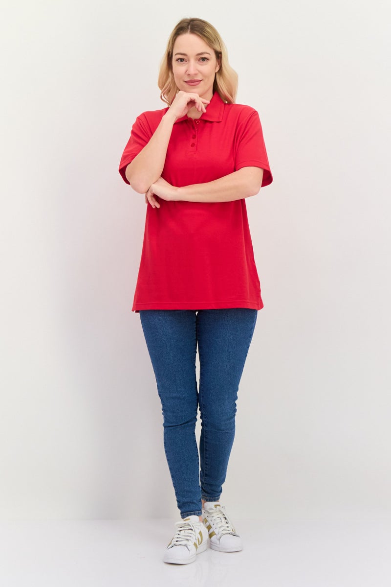 Featherlite Women Spread Collar Short Sleeves Plain Polo Shirt, Red - Image 4