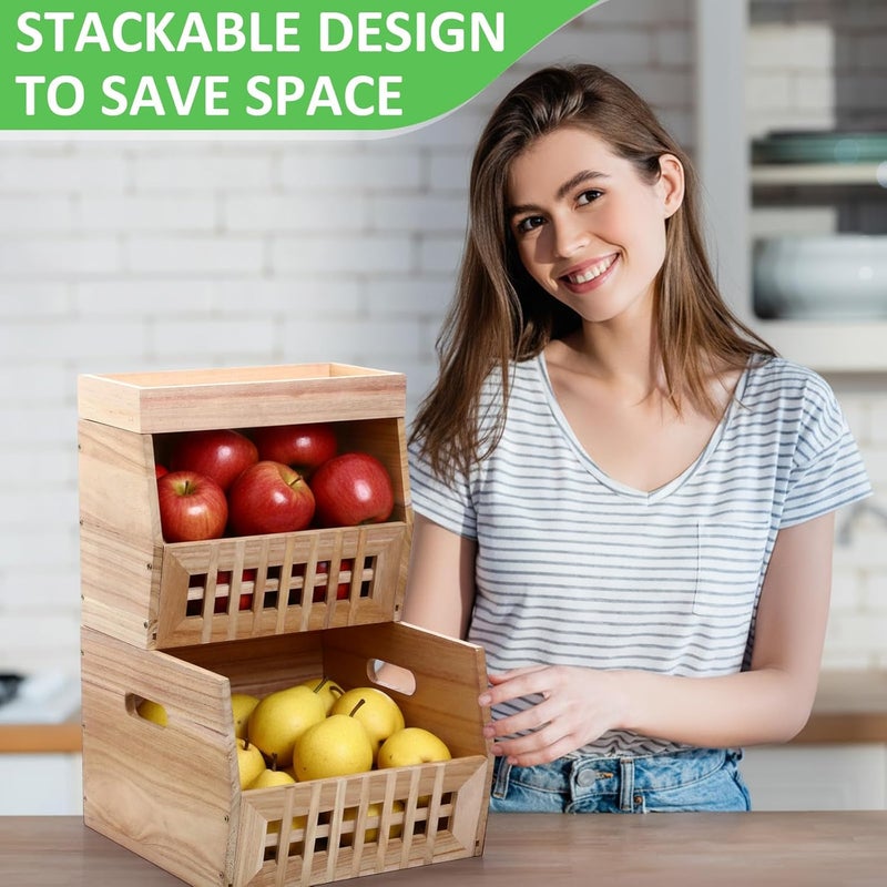 AceOrbit 6 Pack Wood Pantry Storage Bins 4 Wooden Storage Bins with 2 Wooden Tray Lids Multipurpose Open Front Stackable Organization Set for Kitchen or Pantry and Fruits Vegetables, Potato & Onion - Image 3
