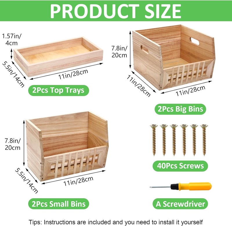 AceOrbit 6 Pack Wood Pantry Storage Bins 4 Wooden Storage Bins with 2 Wooden Tray Lids Multipurpose Open Front Stackable Organization Set for Kitchen or Pantry and Fruits Vegetables, Potato & Onion - Image 2