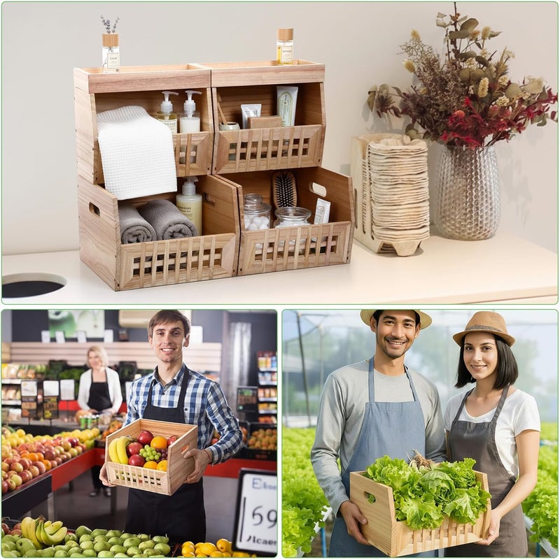 AceOrbit 6 Pack Wood Pantry Storage Bins 4 Wooden Storage Bins with 2 Wooden Tray Lids Multipurpose Open Front Stackable Organization Set for Kitchen or Pantry and Fruits Vegetables, Potato & Onion - Image 4