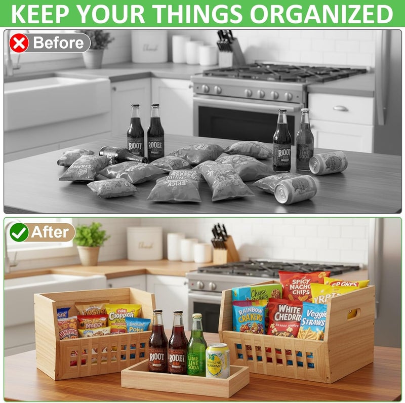AceOrbit 6 Pack Wood Pantry Storage Bins 4 Wooden Storage Bins with 2 Wooden Tray Lids Multipurpose Open Front Stackable Organization Set for Kitchen or Pantry and Fruits Vegetables, Potato & Onion - Image 5