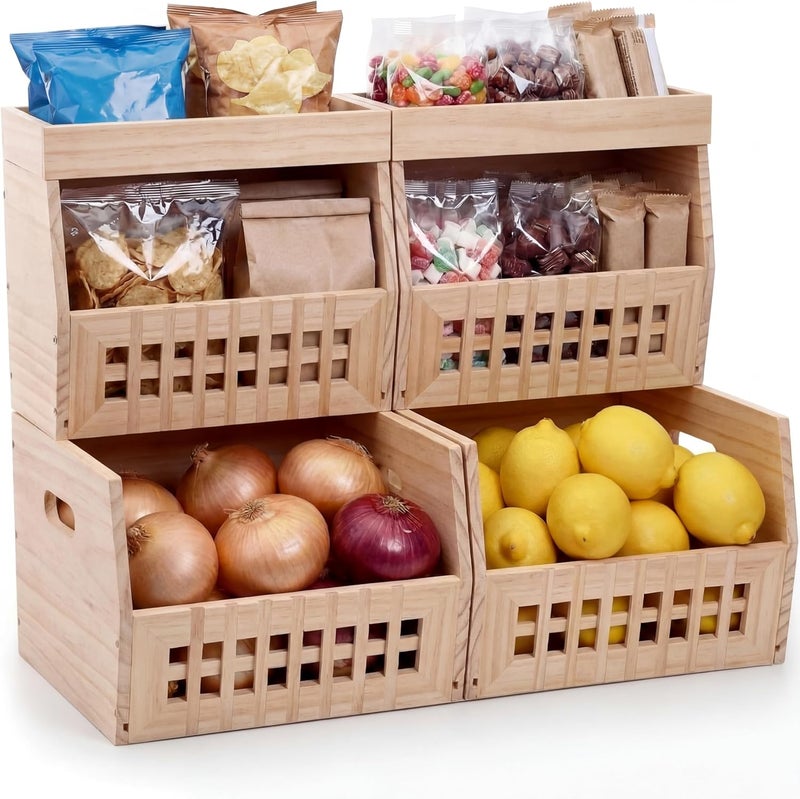 AceOrbit 6 Pack Wood Pantry Storage Bins 4 Wooden Storage Bins with 2 Wooden Tray Lids Multipurpose Open Front Stackable Organization Set for Kitchen or Pantry and Fruits Vegetables, Potato & Onion - Image 1