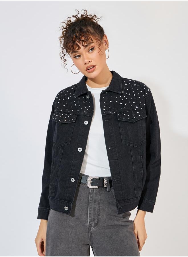 Styli Embellished Detail Denim Jacket  - Image 1