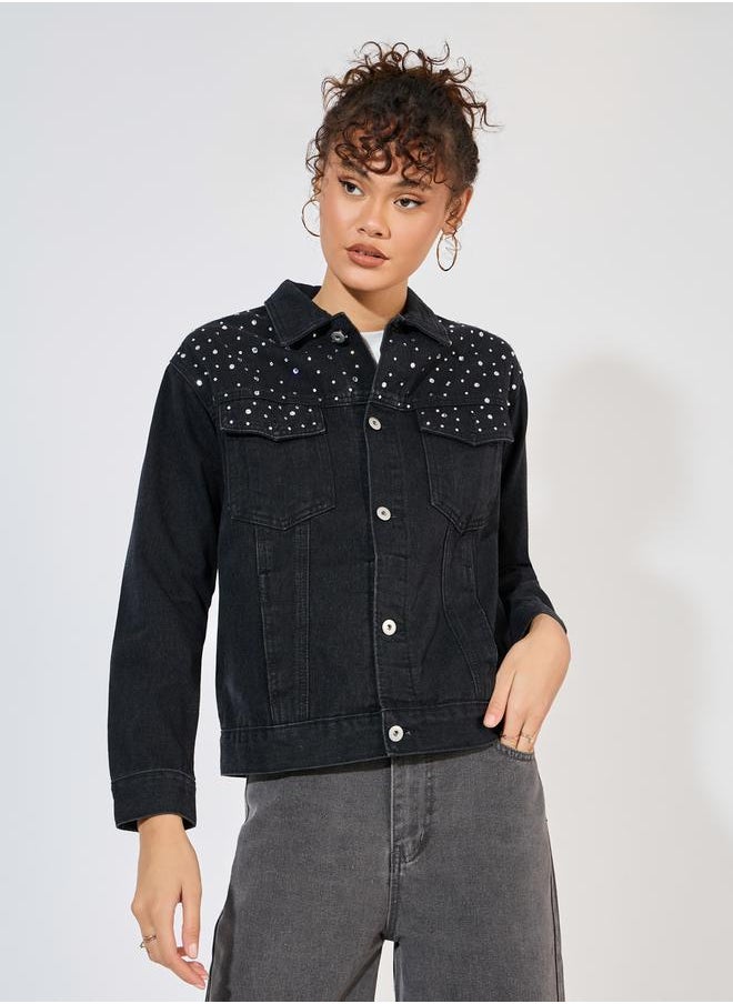 Styli Embellished Detail Denim Jacket  - Image 2