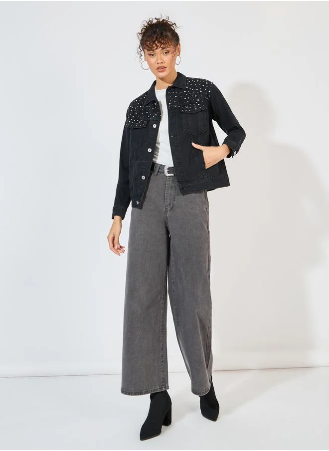 Styli Embellished Detail Denim Jacket