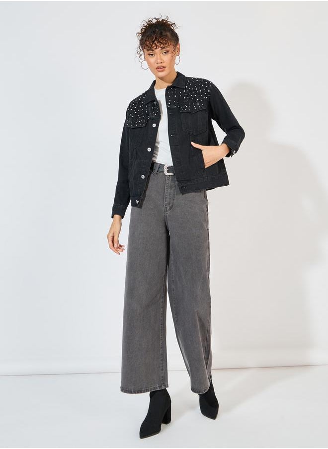 Styli Embellished Detail Denim Jacket  - Image 3