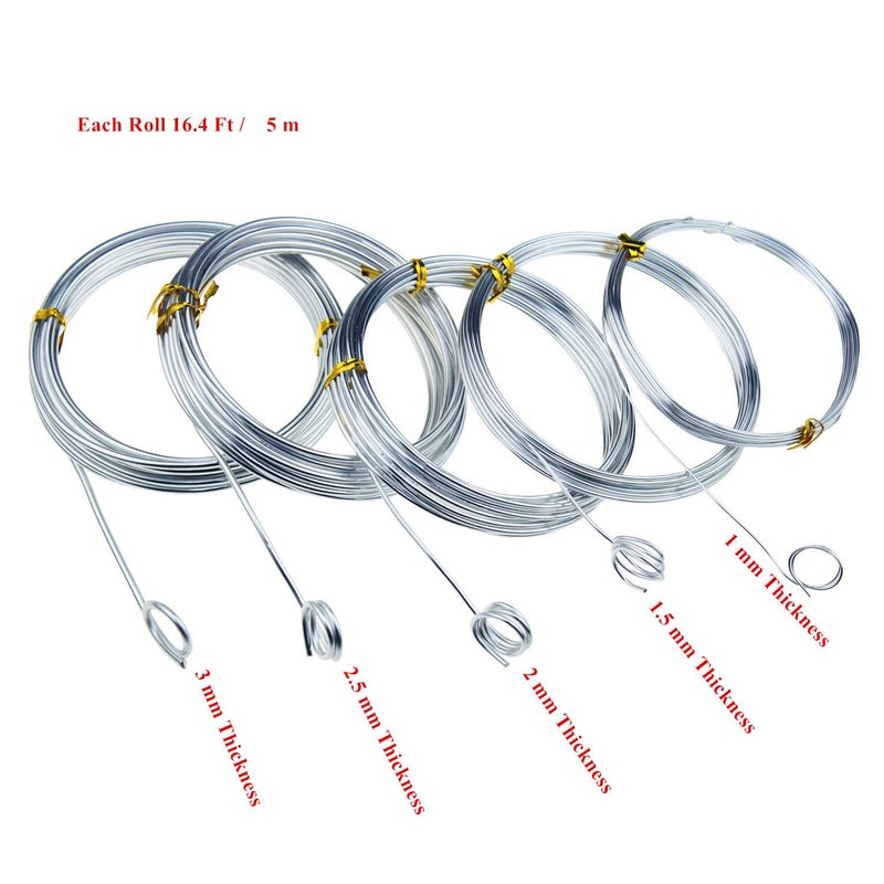 Goodma Silver Aluminum Craft Wire, 5 Assorted Sizes (1 mm, 1.5 mm, 2 mm, 2.5 mm and 3 mm in Thickness) Aluminum Wire Rolls for DIY Sculpture and Crafts, Each Roll 16.4 Feets / 5 Meters Length - Image 2