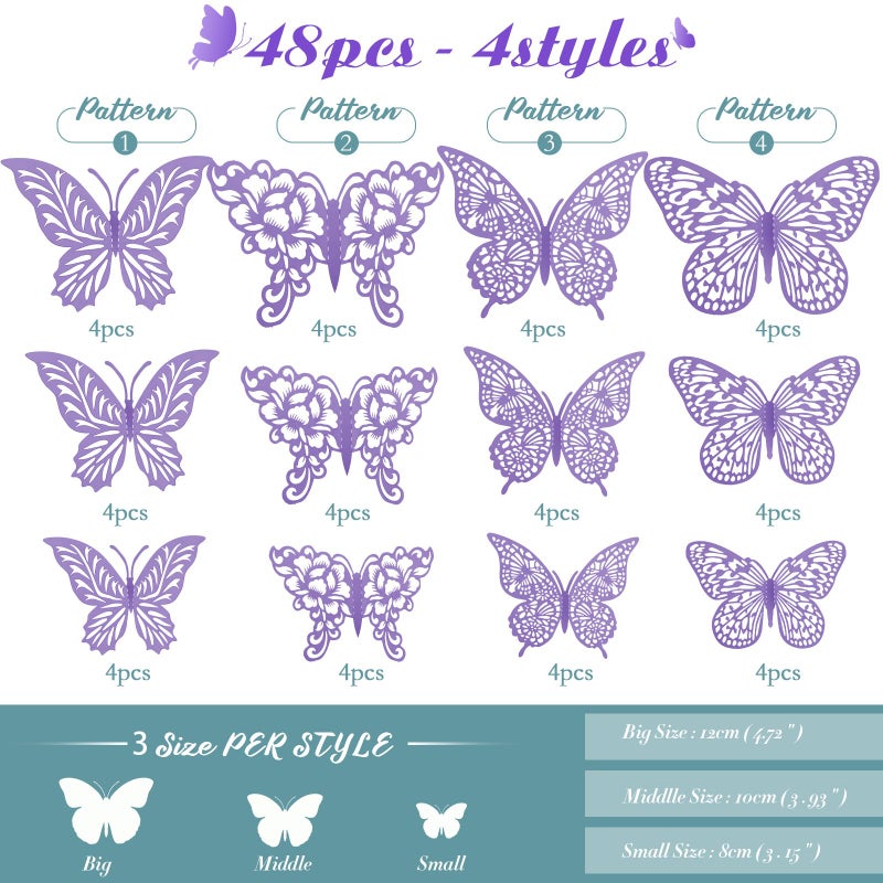 XUNXMAS 3D Gold Gold Butterfly Wall Decor 48pcs 3 أحجام 4 أنماط زخارف الحفلات الزخارف الكعكة ديكورات قابلة للإزالة. - Image 2