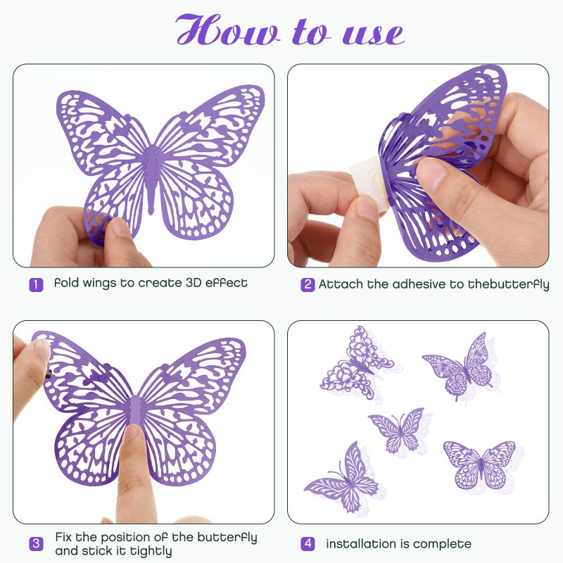 XUNXMAS 3D Gold Gold Butterfly Wall Decor 48pcs 3 أحجام 4 أنماط زخارف الحفلات الزخارف الكعكة ديكورات قابلة للإزالة. - Image 4