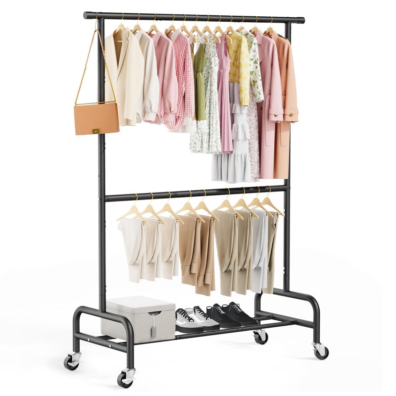 Abiglifty 2 Tier Clothes Rcks for Hanging Clothes, Heavy-Duty Clothing Rack with Wheels,150LBS Capacity, 42" W X15 D X 77" H Garment Rack with Bottom Shelf, for Bedroom, Living Room, Black - Image 1