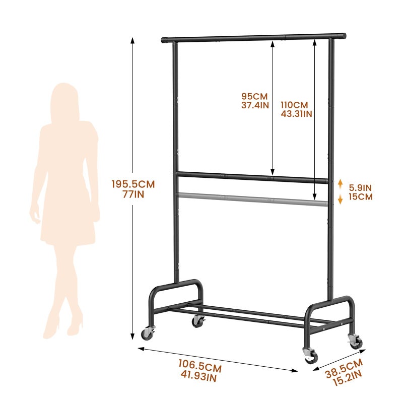 Abiglifty 2 Tier Clothes Rcks for Hanging Clothes, Heavy-Duty Clothing Rack with Wheels,150LBS Capacity, 42" W X15 D X 77" H Garment Rack with Bottom Shelf, for Bedroom, Living Room, Black - Image 2