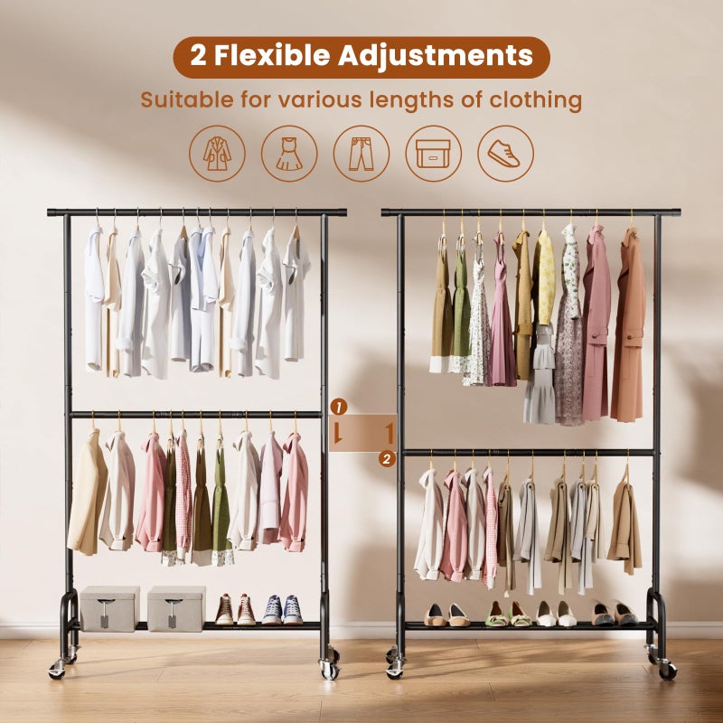 Abiglifty 2 Tier Clothes Rcks for Hanging Clothes, Heavy-Duty Clothing Rack with Wheels,150LBS Capacity, 42" W X15 D X 77" H Garment Rack with Bottom Shelf, for Bedroom, Living Room, Black - Image 3