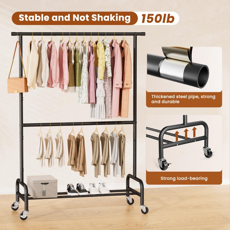 Abiglifty 2 Tier Clothes Rcks for Hanging Clothes, Heavy-Duty Clothing Rack with Wheels,150LBS Capacity, 42" W X15 D X 77" H Garment Rack with Bottom Shelf, for Bedroom, Living Room, Black - Image 4