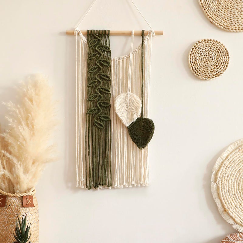 Artilady Macrame Leaves Tapestry Wall Decor- Bohemian Woven Tapestries Green Leaves Wall Art, Large Boho Tassels Hanging Ornament Western Room Decor for Bedroom Living Room Dorm - Image 1