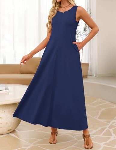 MEROKEETY Women's 2026 Summer Maxi Dress Sleeveless Crewneck Casual Loose Beach Vacation Basic Long Sundress,Navy,X-Large - Image 4