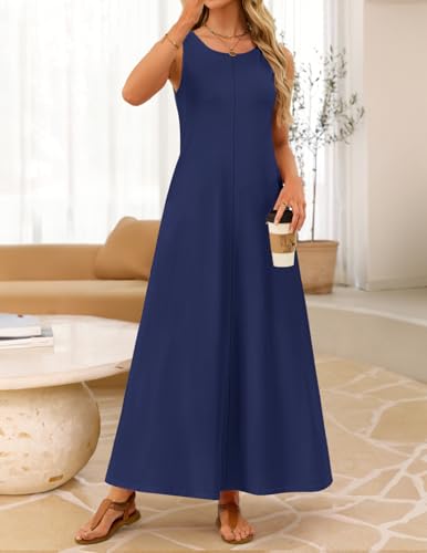 MEROKEETY Women's 2026 Summer Maxi Dress Sleeveless Crewneck Casual Loose Beach Vacation Basic Long Sundress,Navy,X-Large - Image 3