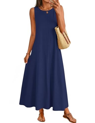 MEROKEETY Women's 2026 Summer Maxi Dress Sleeveless Crewneck Casual Loose Beach Vacation Basic Long Sundress,Navy,X-Large - Image 1