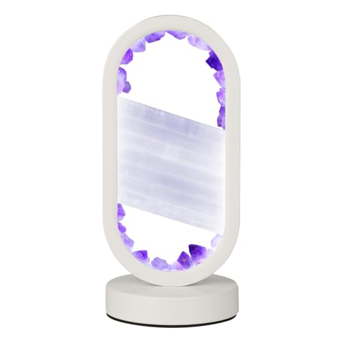 GC QUILL Natural Amethyst and Selenite Crystal Healing Night Table Lamp –3-Color Dimmable Mood Lighting for Meditation Relaxation and Restful Sleep, Purple Crystal Bedroom Decor (White) - Image 1