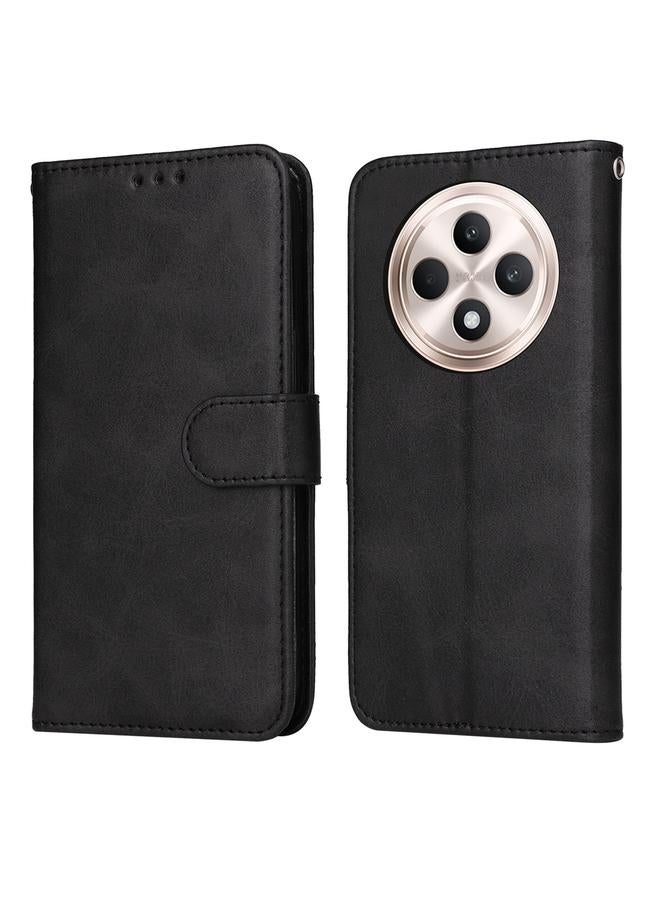 جراب هاتف OPPO Reno12 F 5G Global Classic من الجلد القابل للطي من نسيج العجل (أسود)