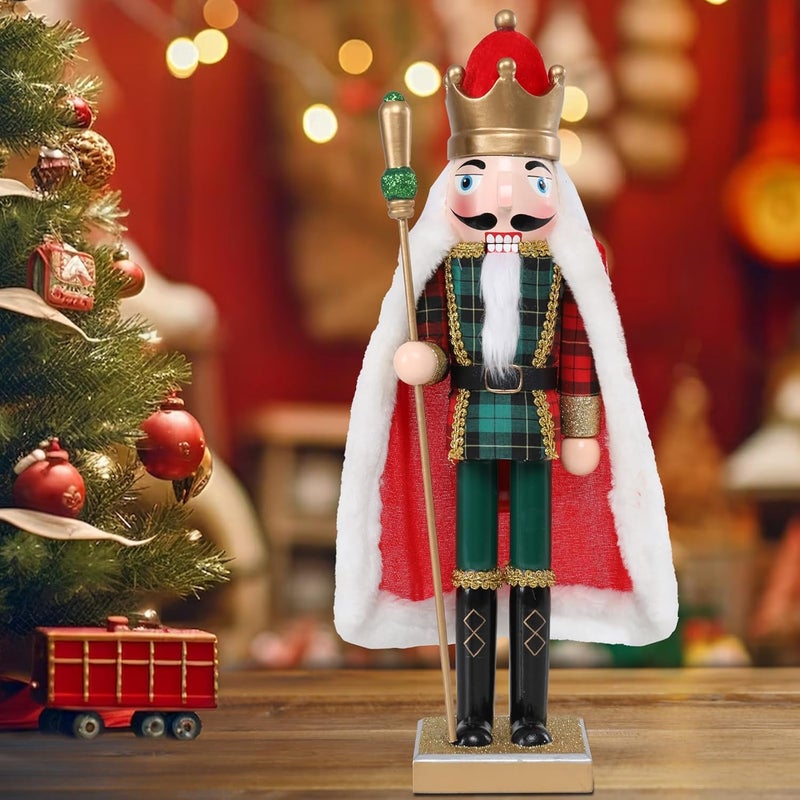 CHONSUN Christmas Nutcracker Decorations Nutcracker Figure 15 Inch Wooden Nutcrackers Collectible Ornament Nutcrackers Soldier for Table Desktop Home Christmas Decor Xmas Indoor Decor Checked clothes Red cape - Image 1