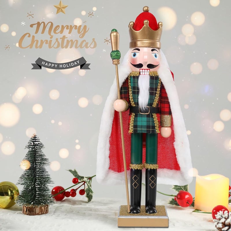 CHONSUN Christmas Nutcracker Decorations Nutcracker Figure 15 Inch Wooden Nutcrackers Collectible Ornament Nutcrackers Soldier for Table Desktop Home Christmas Decor Xmas Indoor Decor Checked clothes Red cape - Image 5