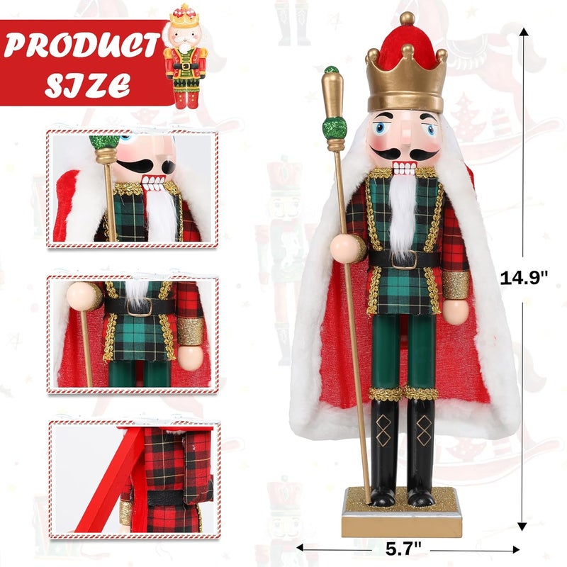 CHONSUN Christmas Nutcracker Decorations Nutcracker Figure 15 Inch Wooden Nutcrackers Collectible Ornament Nutcrackers Soldier for Table Desktop Home Christmas Decor Xmas Indoor Decor Checked clothes Red cape - Image 3