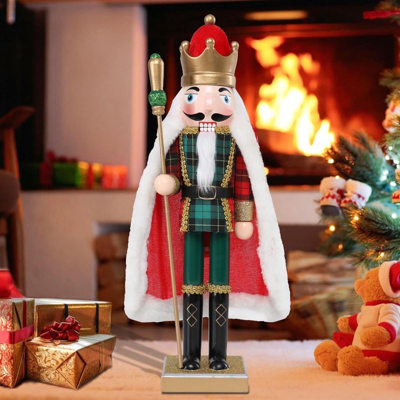 CHONSUN Christmas Nutcracker Decorations Nutcracker Figure 15 Inch Wooden Nutcrackers Collectible Ornament Nutcrackers Soldier for Table Desktop Home Christmas Decor Xmas Indoor Decor Checked clothes Red cape - Image 2