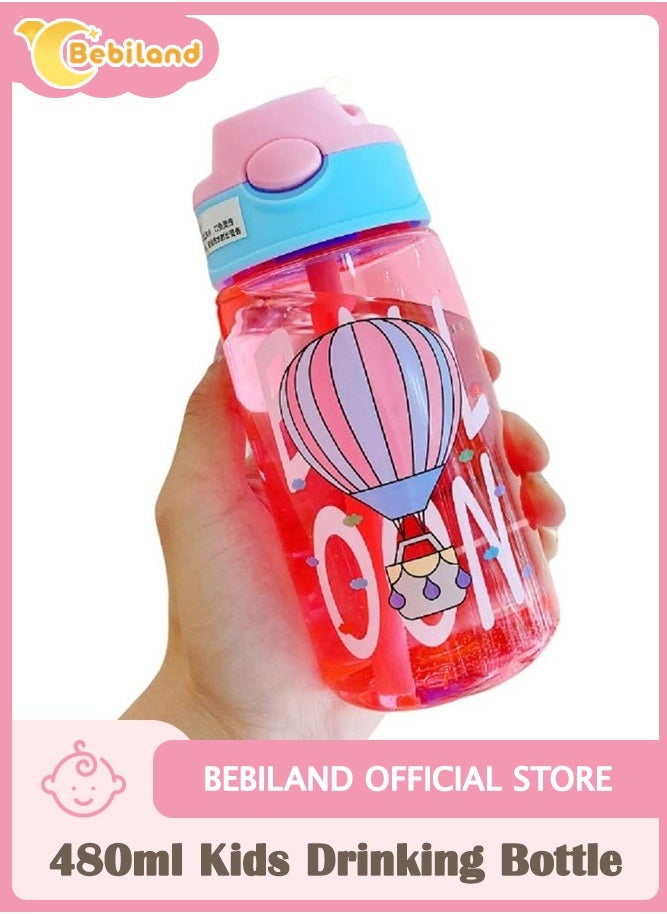 Bebiland - 480ml Kids Drinking Water Bottle with Straw, Leakproof BPA-Free Durable Plastic Bottle, Pink - Image 1