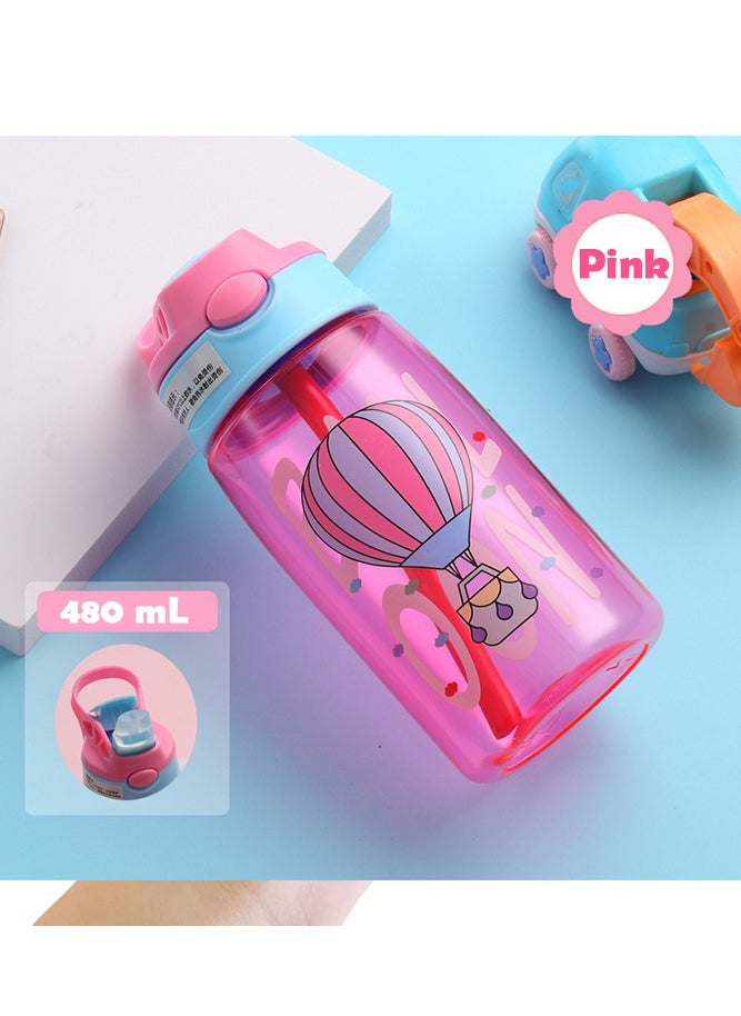 Bebiland - 480ml Kids Drinking Water Bottle with Straw, Leakproof BPA-Free Durable Plastic Bottle, Pink - Image 1