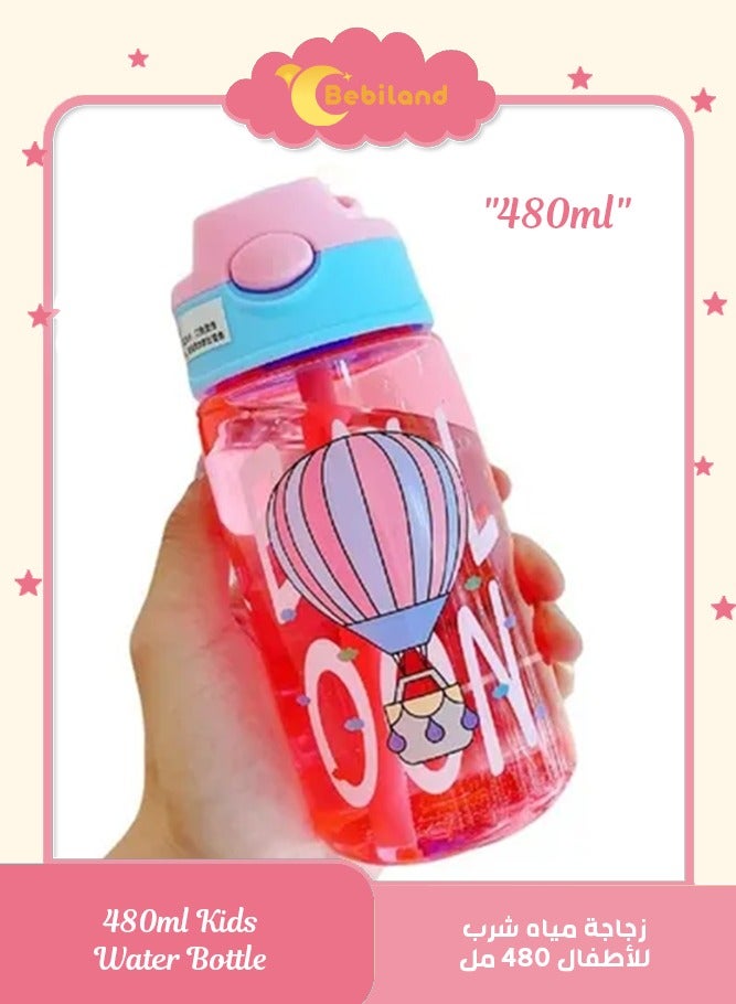 Bebiland 480ml Kids Drinking Water Bottle with Straw, Leakproof BPA-Free Durable Plastic Bottle, Pink - Image 1