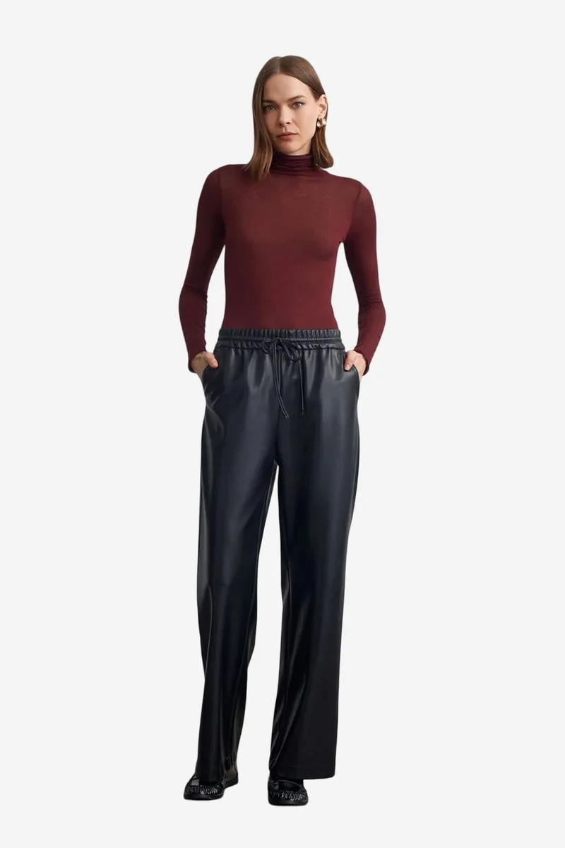 Dilvin Black DILVIN Women’s Wide-Leg Faux Leather Trousers for Women | Best Price UAE