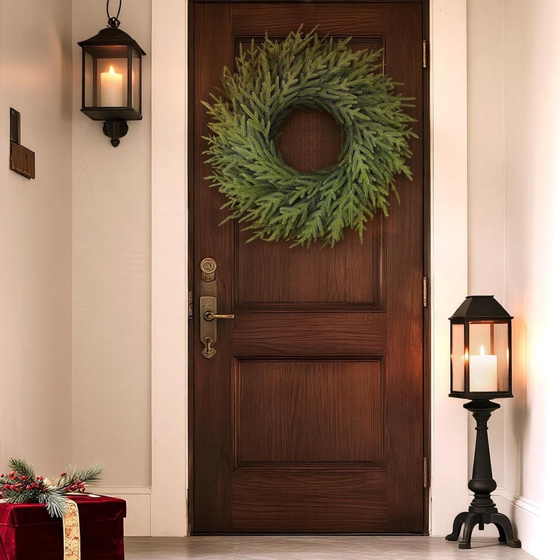 Juxdp 26" Norfolk Pine Wreath for Front Door, Artificial Christmas Wreaths Faux Green Fake Pine Needles Wreath for Front Door Wall Windows Indoor Outdoor Christmas Decor - Image 3