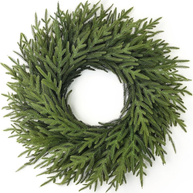 Juxdp 26" Norfolk Pine Wreath for Front Door, Artificial Christmas Wreaths Faux Green Fake Pine Needles Wreath for Front Door Wall Windows Indoor Outdoor Christmas Decor - Image 1