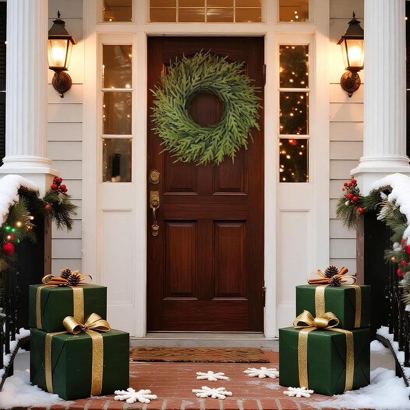 Juxdp 26" Norfolk Pine Wreath for Front Door, Artificial Christmas Wreaths Faux Green Fake Pine Needles Wreath for Front Door Wall Windows Indoor Outdoor Christmas Decor - Image 2