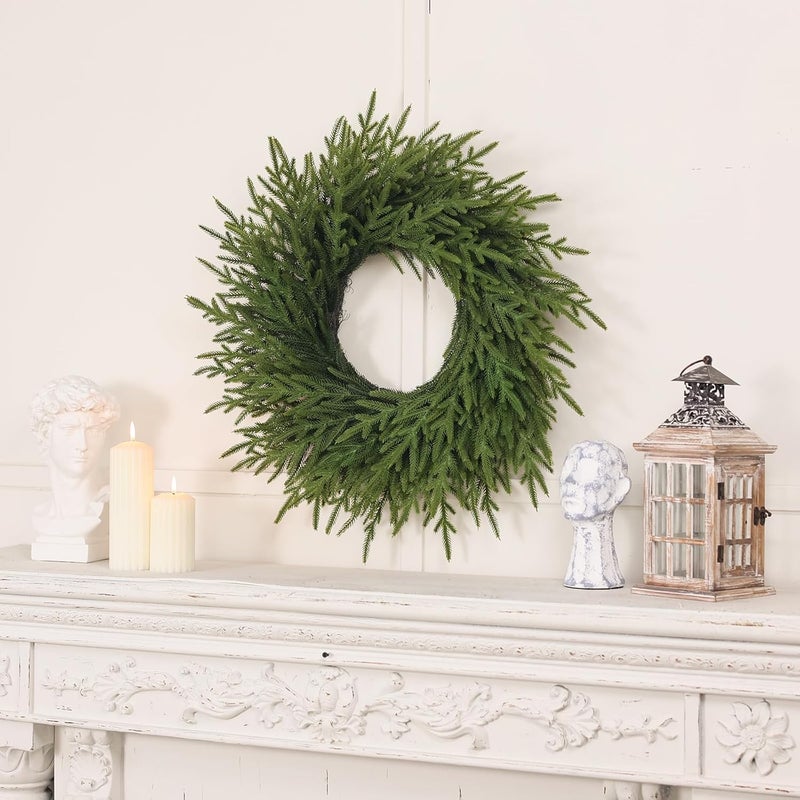 Juxdp 26" Norfolk Pine Wreath for Front Door, Artificial Christmas Wreaths Faux Green Fake Pine Needles Wreath for Front Door Wall Windows Indoor Outdoor Christmas Decor - Image 5