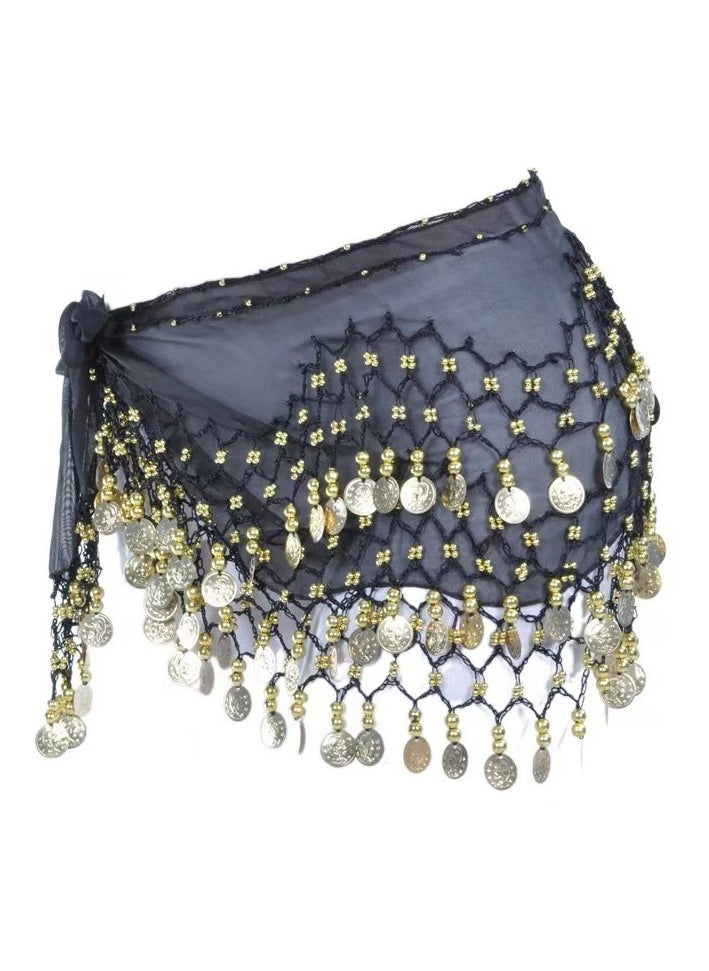 DELGREEN Belly Dance Belt Scarf Waist Belt With Gold Coins Black Color 8+years  - Image 2