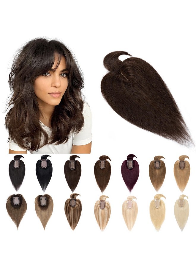 SEGO Hair Toppers For Women Real Human Hair With Bangs 7 * 13Cm Silk Base 100% Remy Human Hair Clip In Top Wiglet Hair Pieces For Thinning Hair //12 Inch Dark Brown