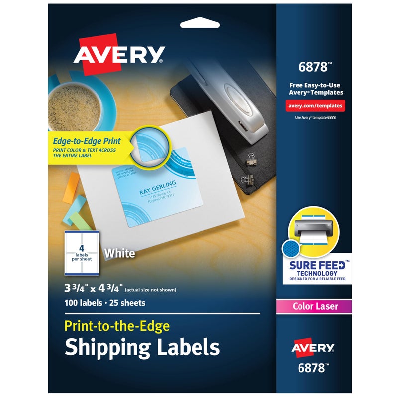 Avery Printable Shipping Labels with Sure Feed, 3.75" x 4.75", White, 100 Blank Mailing Labels (6878) - Image 1