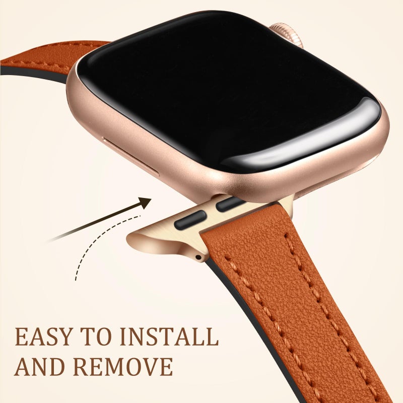 Charlam Compatible with Apple Watch Bands for Women 41mm 40mm 38mm 42mm 44mm 45mm 46mm, Top Grain Soft Leather Bands Slim Wristband for iWatch SE, iWatch Series 10 9 8 7 6 5 4 3 2 1, London Tan/Gold - Image 4