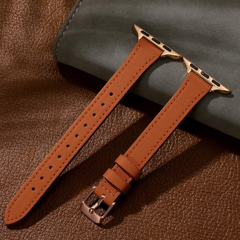 Charlam Compatible with Apple Watch Bands for Women 41mm 40mm 38mm 42mm 44mm 45mm 46mm, Top Grain Soft Leather Bands Slim Wristband for iWatch SE, iWatch Series 10 9 8 7 6 5 4 3 2 1, London Tan/Gold - Image 5