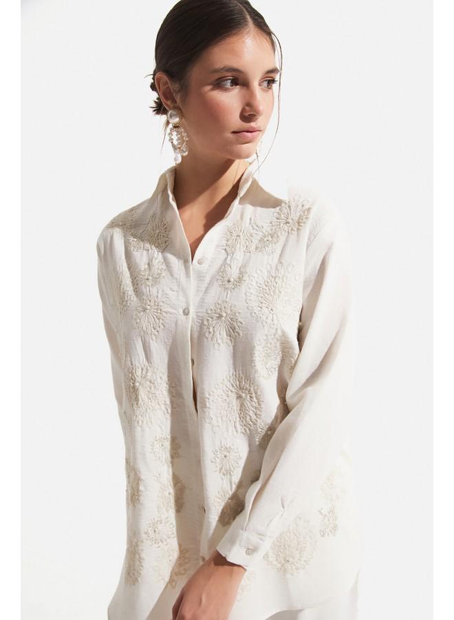 جون قميص نسائي مطرز بتفاصيل واسعة من جوني - لون إكرو - Image 3