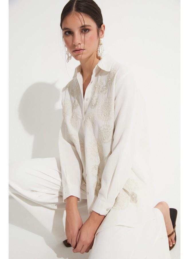 جون قميص نسائي مطرز بتفاصيل واسعة من جوني - لون إكرو - Image 4