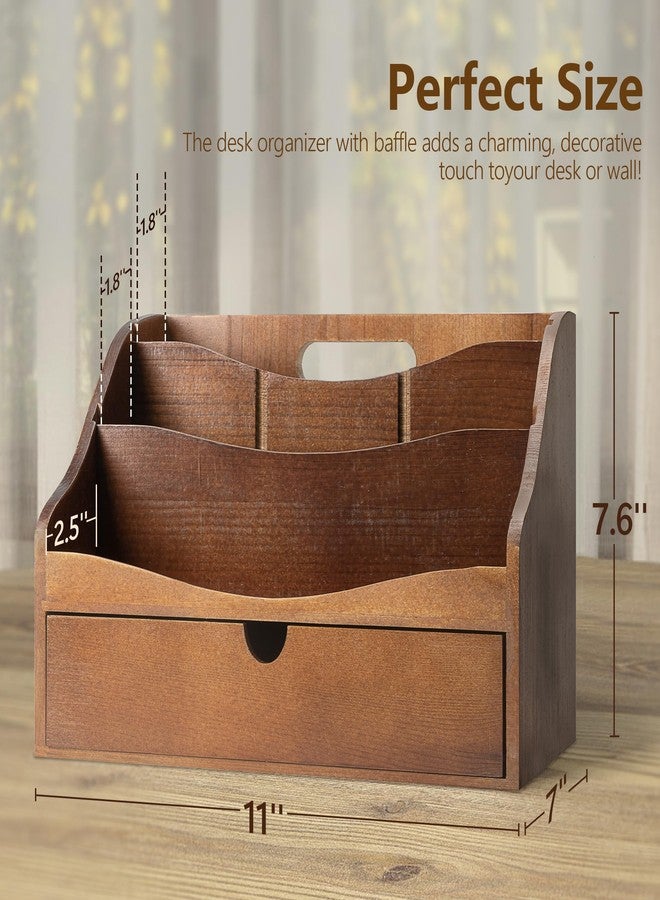 Rebee Vision Pine Wood Mail Organizer for Desk - Retro Farmhouse Mail Holder with Drawer & Dividers - 4-Slot Letter Paper & Jewelry Sorter, Countertop Mail Organizer for Office Decor(Brown) - Image 2