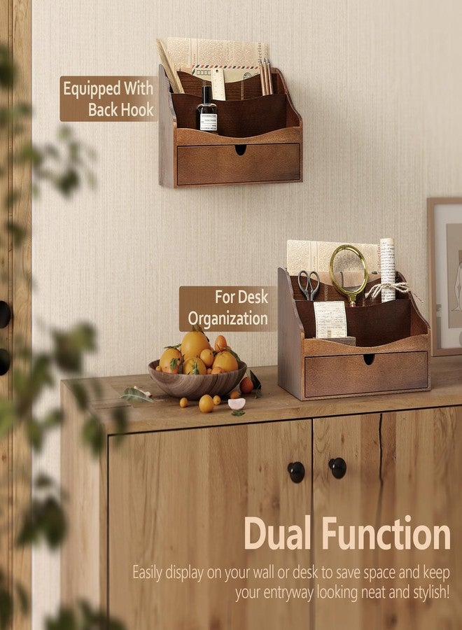 Rebee Vision Pine Wood Mail Organizer for Desk - Retro Farmhouse Mail Holder with Drawer & Dividers - 4-Slot Letter Paper & Jewelry Sorter, Countertop Mail Organizer for Office Decor(Brown) - Image 4