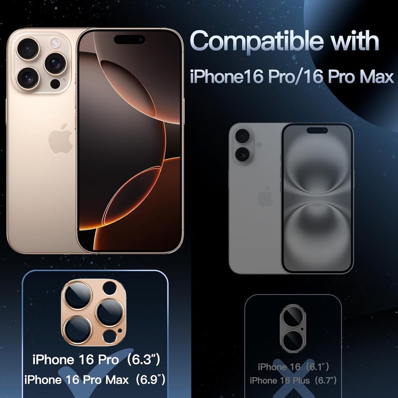 Jetech Camera Lens Protector for iPhone 16 Pro 6.3-Inch and iPhone 16 Pro Max 6.9-Inch, Full Coverage 9H Tempered Glass Ring Cover, Matte Metal Plate, Case Friendly, 1-Pack (Desert Titanium) - Image 2