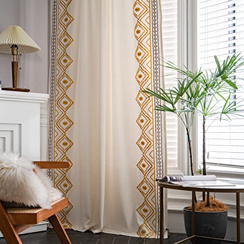 ColorBird Boho Curtains 2 Panels Set for Living Room,63 Inch Length Embroidery Cotton Linen Rod Pocket Drapes for Bedroom Dining Room(52" W x 63" L, Yellow) - Image 2