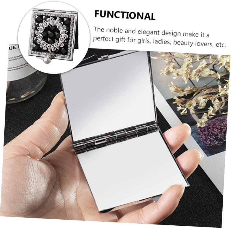 Portable Double Sided Small Square Metal Makeup Mirror with Pearl Pendant Handheld Compact Vanity Mirror for Travel and Everyday Touch Ups Black Foldable Design - Image 4