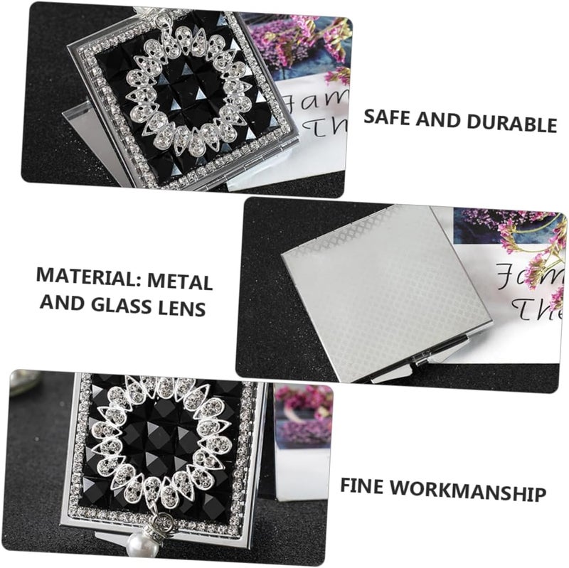 Portable Double Sided Small Square Metal Makeup Mirror with Pearl Pendant Handheld Compact Vanity Mirror for Travel and Everyday Touch Ups Black Foldable Design - Image 2